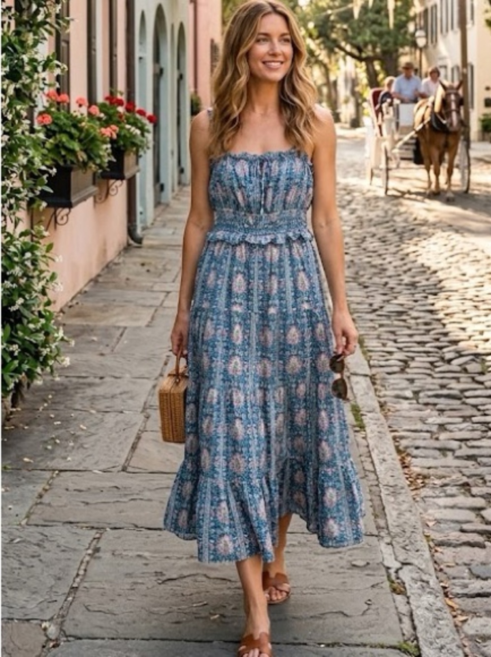Chelsea & Theodore Blue Floral Smocked Tiered Maxi Dress – Size M